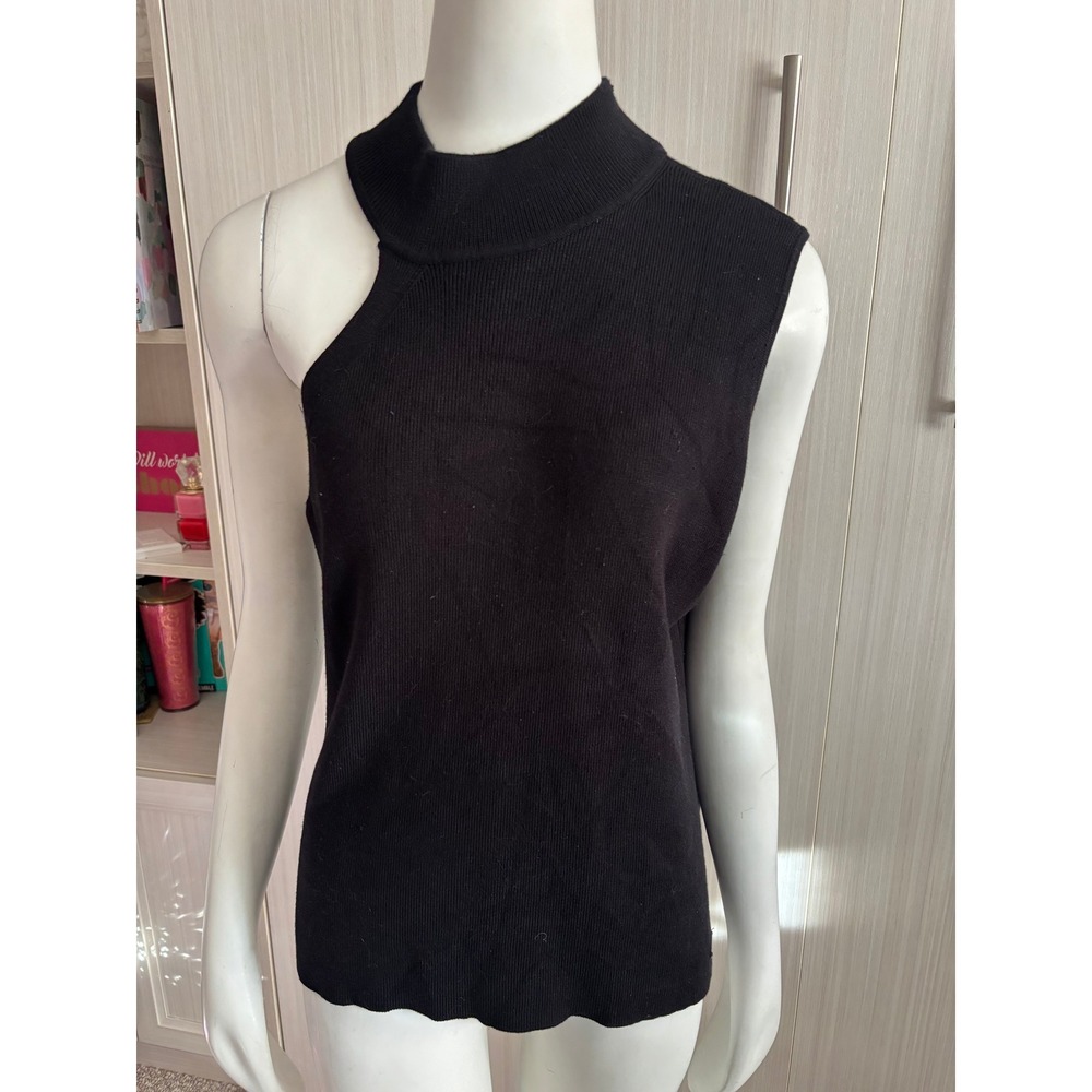 Calvin Klein Womens Black Asymmetric Cutout Mock Neck Ribbed Knit Top XL